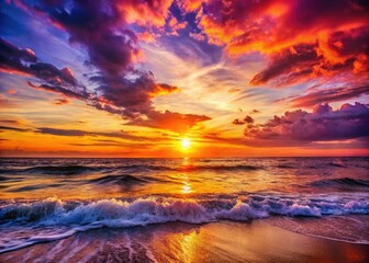 Fototapeta premium Vibrant hues of orange, pink, and purple illuminate the horizon as the sun dips below the waves, casting a warm glow on the serene ocean landscape.