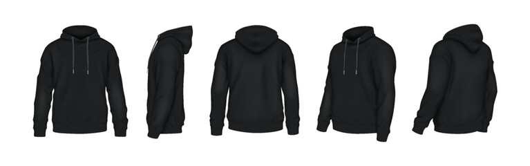 Black hoodies with logo mockup realistic vector illustration set. Sportswear of cotton fabric with copyspace 3d models on white background