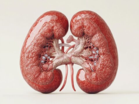 Detailed crosssectional illustration of the human kidneys showing internal structures like nephrons and blood vessels Ideal for use in medical ads nephrology content and kidney health awareness