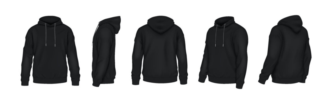 Black hoodies with logo mockup realistic vector illustration set. Sportswear of cotton fabric with copyspace 3d models on white background