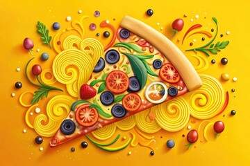 Vibrant, illustrated pizza graphic featuring a cheesy slice with colorful toppings, surrounded by swirling patterns and playful shapes, against a bright yellow background.