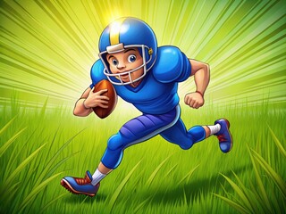 Vibrant illustration of a cartoon football player in action, wearing a blue jersey and helmet, running with the ball on a bright green grass background.