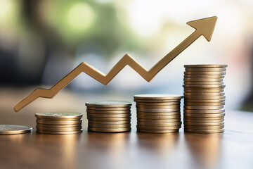 Stack of Coins with Upward Arrow Representing Financial Growth, Investment, and Business Success