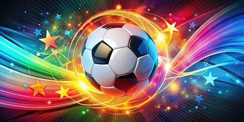 Naklejka premium Vibrant illustration of a stylized soccer ball with dynamic motion lines, surrounded by decorative stars and abstract shapes in a bold, bright color scheme.