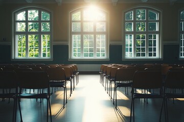 Fototapeta premium Sunlight streaming through windows highlights empty chairs in a tranquil classroom reflecting natural beauty at midday. Generative AI