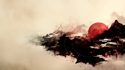 hawk, eagle, sky, sun, sunrise, sunset, flight, gold, Japanese pattern, Japan, tradition, typical, Japanese art, Japanese painting, ink painting, sumi-e, ukiyo-e, elegant, cool, landscape, wabi-sabi,  © ra-ira