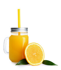 Mason jar of fresh orange juice on white background