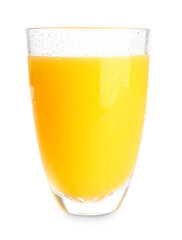 Glass of fresh orange juice on white background