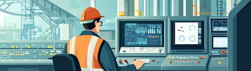 Control room operator monitoring machinery with digital screens, focused on workflow and efficiency.