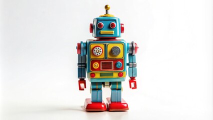 Fototapeta premium A charming vintage toy robot, isolated on a white background, evokes retro nostalgia and inspires playful decor ideas for a delightful, whimsical atmosphere.