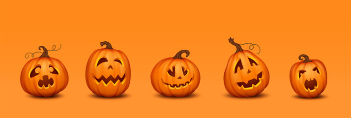 Pumpkins with frightening grimaces realistic color icons set. Halloween holiday jack-o-lantern 3d characters on orange background