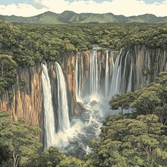 Naklejka premium Stunning Waterfalls Cascading into Lush Green Forest Valley with Mountain Backdrop: Discover Nature's Hidden Gem