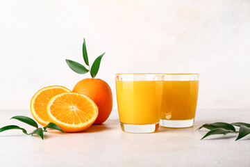 Glasses of fresh orange juice and leaves on white background