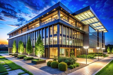 Fototapeta premium A modern, sleek, and sustainable office building with energy-efficient LED lights, solar panels, and greenery, exemplifying eco-friendly commercial architecture and renewable energy solutions.