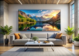A modern, minimalist living room features a large, sleek digital picture display mounted on a wall, showcasing a stunning, colorful landscape photograph.