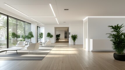 Fototapeta premium Modern office interior with natural light and greenery