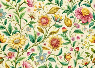 Vibrant, intricately detailed floral pattern on a soft, creamy background, featuring delicate petals, stems, and leaves in shades of pink, yellow, and green.
