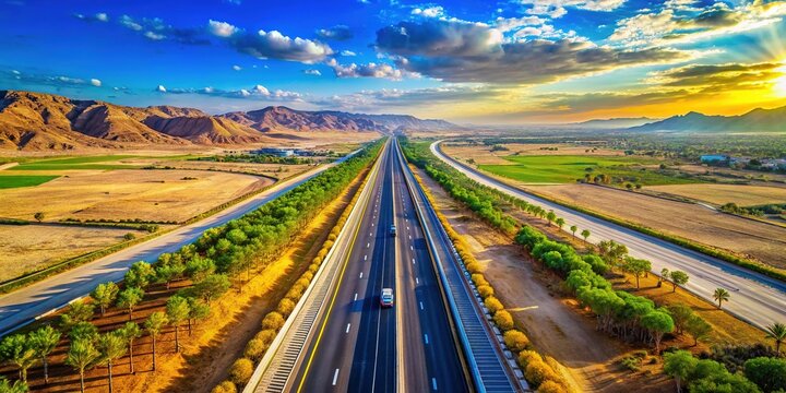 A stunning aerial perspective captures a straight highway beneath a bright sun on a warm summer day, surrounding the picturesque Arabat Arrow landscape.
