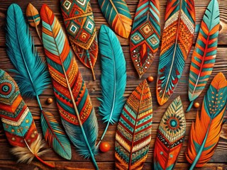 Vibrant, intricately patterned native feathers in shades of turquoise, orange, and crimson, arranged artfully on a rustic wooden background, evoking a sense of cultural heritage.