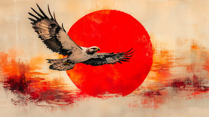 hawk, eagle, sky, sun, sunrise, sunset, flight, gold, Japanese pattern, Japan, tradition, typical, Japanese art, Japanese painting, ink painting, sumi-e, ukiyo-e, elegant, cool, landscape, wabi-sabi, 