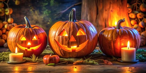 Fototapeta premium A trio of spooky candlelit pumpkins creates the perfect Jack-o'-Lantern ambiance for Halloween decorations and celebrations, setting an enchanting mood for all festivities.
