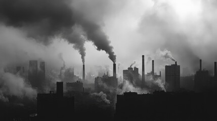 Industrial Cityscape with Smokestacks and Pollution Effects