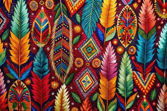 Vibrant, intricate patterns of feathers, leaves, and tribal motifs adorn a traditional textile, showcasing the rich cultural heritage of indigenous communities.