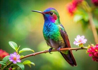 Fototapeta premium Vibrant, iridescent hummingbird perched on a delicate flower branch, set against a soft, blurred background of lush green foliage, evoking a sense of serenity and wonder.
