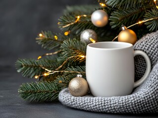 White mug beside Christmas tree with ornaments and cozy blanket, festive scene.