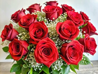 Obraz premium Vibrant long-stemmed red roses, adorned with delicate baby's breath and lush greenery, arranged in a beautiful bouquet, perfect for celebrating a milestone birthday.