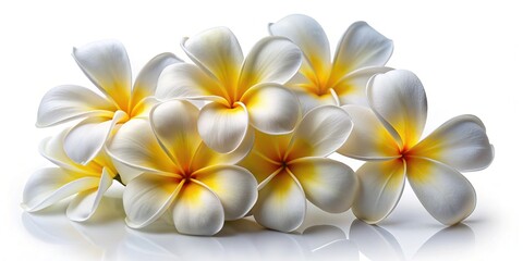 Fototapeta premium Delicate, creamy white plumeria flowers with yellow centers bloom against a pure white background, exuding serenity and tropical elegance in a soft, dreamy ambiance.