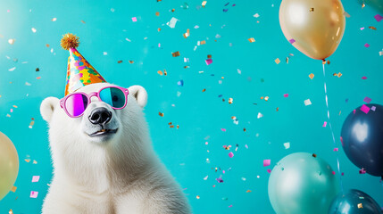 Party animal! Colorful photo of funny, happy polar  bear on aqua blue  background. Ballons, confetti, happy mood. Birthday celebration banner	