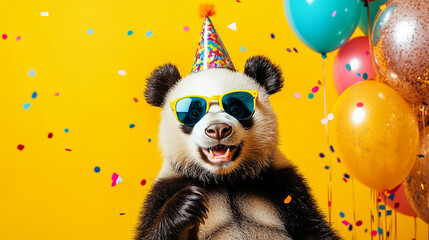 Fototapeta premium Party animal! Colorful photo of funny, happy panda bear on yellow background. Ballons, confetti, happy mood. Birthday celebration banner 