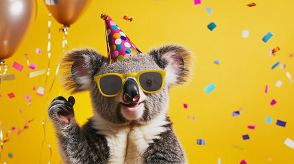 Party animal! Colorful photo of funny, happy koala bear on yellow background. Ballons, confetti, happy mood. Birthday celebration banner	