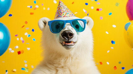 Party animal! Colorful photo of funny, happy polar bear on yellow background. Ballons, confetti, happy mood. Birthday celebration banner	