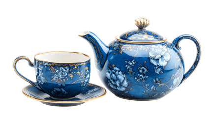 Elegant Blue Teapot and Cup Set on White Background transparent background