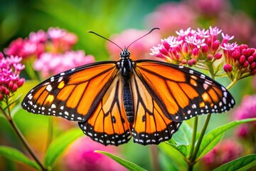 Obraz premium Vibrant monarch butterfly perches on a delicate pink flowers, its intricate orange and black wings folded, surrounded by lush green foliage in a serene garden setting.