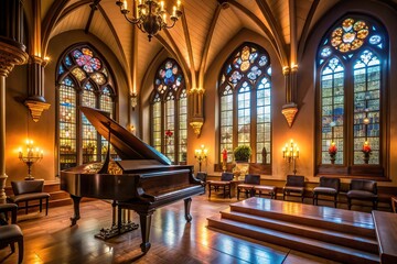 Fototapeta premium Elegant grand piano situated in a serene, candlelit church interior with stained glass windows, wooden pews, and a dramatic vaulted ceiling.