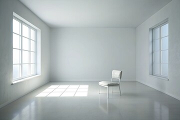 Obraz premium Empty white room with minimal furniture, soft natural light, and a subtle sense of melancholy, evoking feelings of loneliness and contemplation.