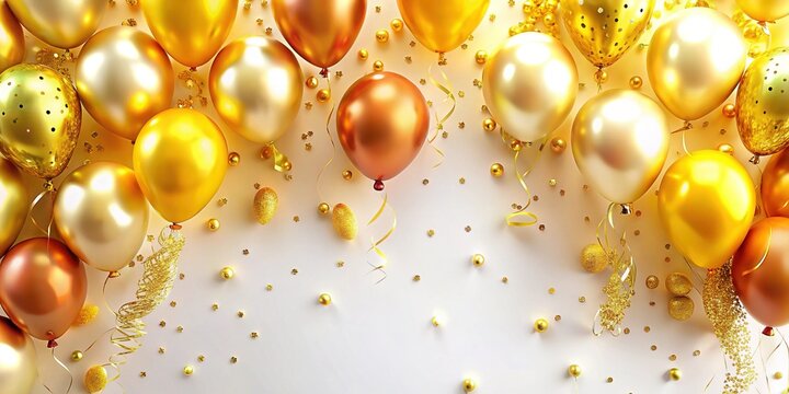 Elegante marco de globos con confeti dorado sobre fondo blanco, perfecto para invitaciones y celebraciones, a&ntilde;adiendo un toque festivo y especial a tus eventos.
