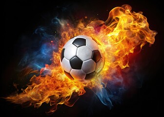 Naklejka premium Fiery Soccer Ball Igniting Passion for the Game in a Dramatic Blaze of Color and Energy