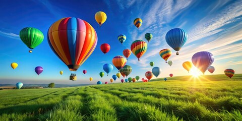 Fototapeta premium Vibrant multicolored balloons in various shapes and sizes float upwards against a clear blue sky, casting long shadows on a lush green grassy surface.