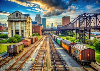 Fototapeta premium Historic railroad freight cars and locomotives idle on tracks amidst urban industrial landscape with rusty bridges and warehouses in downtown New Orleans, Louisiana.