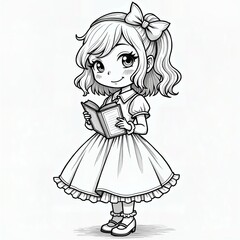 Fototapeta premium Cute Girl Reading Coloring Page