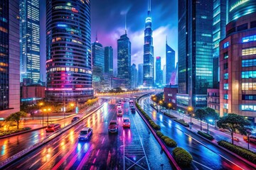 Obraz premium Vibrant neon lights illuminate towering skyscrapers, reflecting off wet pavement in a futuristic metropolitan nighttime scene, surrounded by bustling streets and busy city activity.