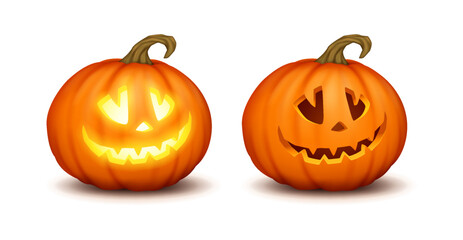 Lit and dark smiling jack-o-lanterns realistic color icons set. Halloween pumpkins creating spooky atmosphere 3d characters illustrations