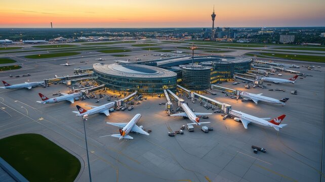 Aerial view of an airport at sunset with planes and terminal buildings.