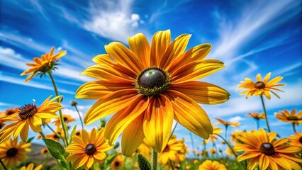 Obraz premium Vibrant Black-Eyed Susan Wildflower in Bloom Against a Bright Blue Sky, Perfect for Nature and Garden Photography Needs