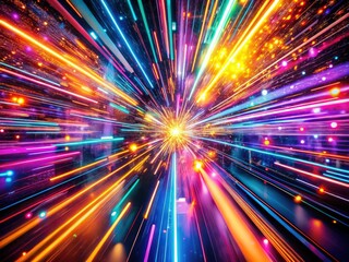 Obraz premium Vibrant neon lights create dynamic motion blur, enhanced by sparkling effects, set against a futuristic decorative background for an exhilarating visual experience.