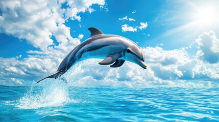 Fototapeta premium Dolphin Jumping Above Bright Blue Ocean Surface